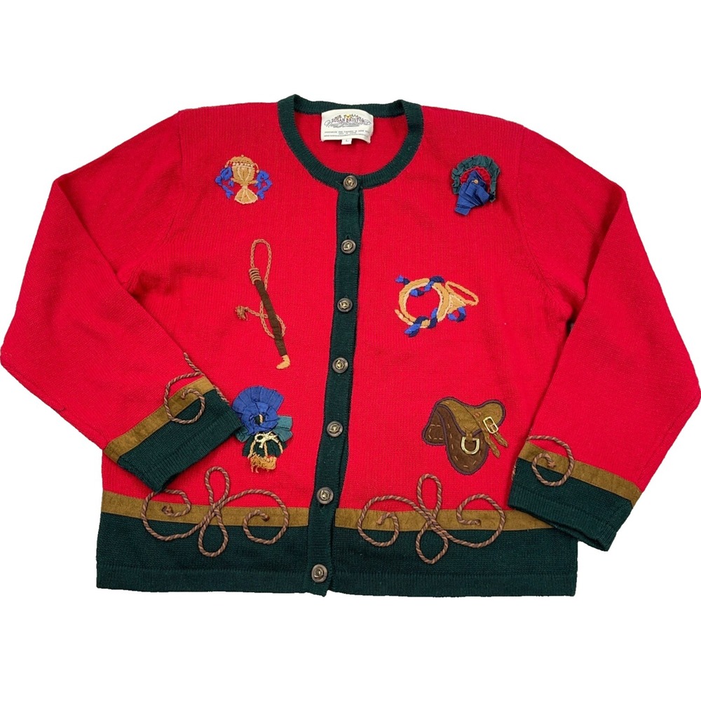 Vintage Susan‎ Bristol Cardigan Sweater Women Large Red Equestrian Horse Show